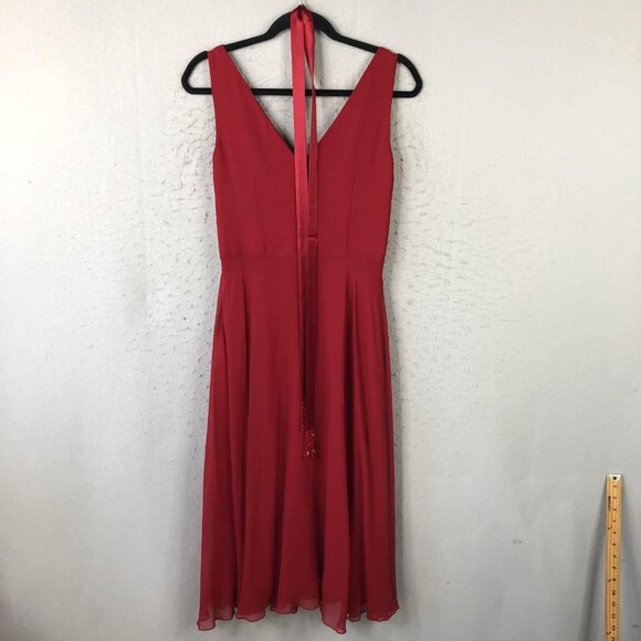 Donna Morgan Dress Womens 6 Red Silk Midi V Neck Pleated Bodice Formal Cocktail - Picture 2 of 15